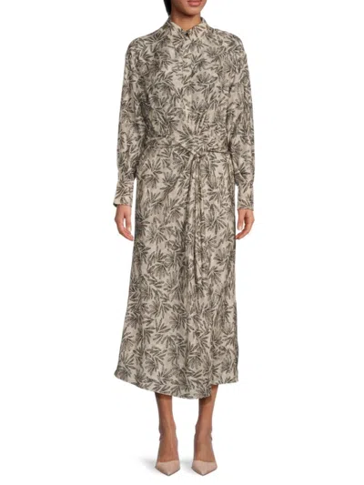 Brunello Cucinelli Women's Leaf Print Twisted Silk Midi-dress In Green