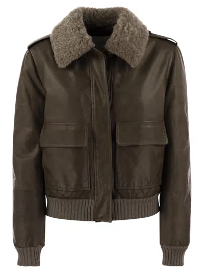 Brunello Cucinelli Women Leather Bomber Jacket And Shearling Collar In Brown