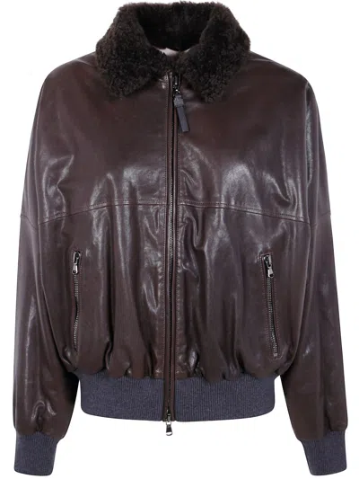 Brunello Cucinelli Women Leather Bomber Jacket In Brown