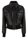 Brunello Cucinelli Women Leather Bomber Jacket With Jewellery In Black