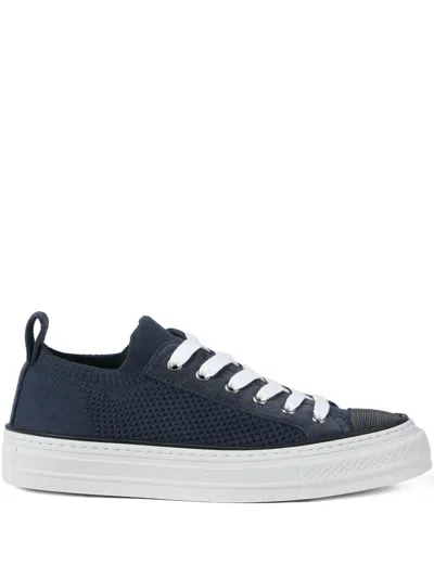 Brunello Cucinelli Bead-embellished Suede-trimmed Stretch-knit Sneakers In Blue