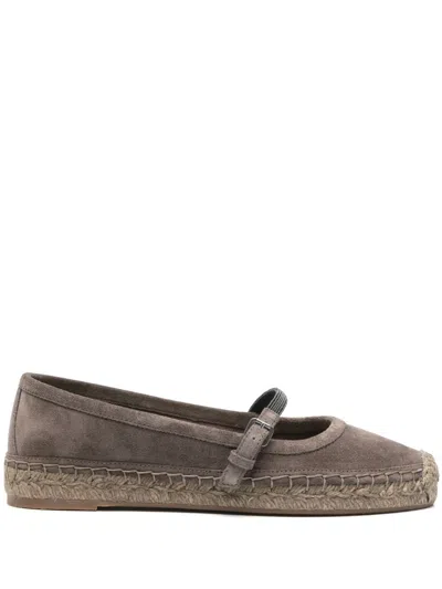 Brunello Cucinelli Almond Toe Espadrille Jute Ballet Flats In Brown