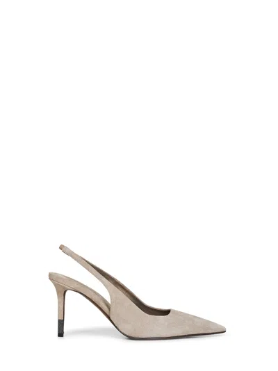 Brunello Cucinelli Women Light Grey Suede Slingback Pumps With Monili In White