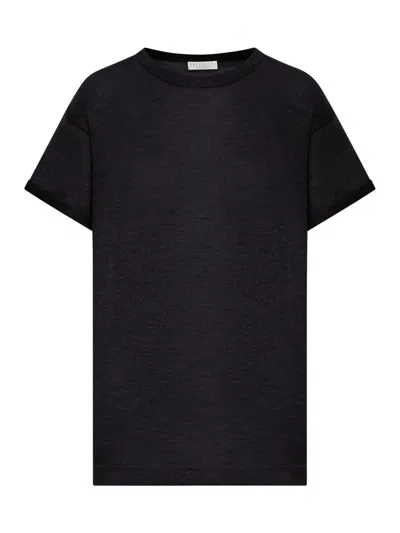 Brunello Cucinelli Women Lightweight Cashmere And Silk Sweater With Lurex Inserts In Black