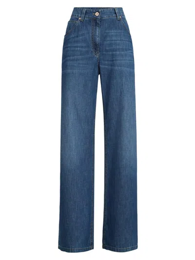 Brunello Cucinelli Women's Lightweight Denim Baggy Trousers With Monili In Blue