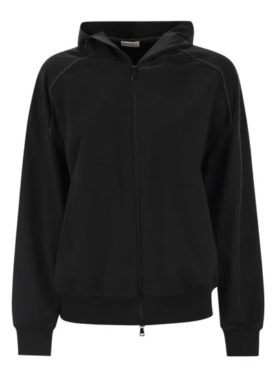 BRUNELLO CUCINELLI WOMEN'S LIGHTWEIGHT STRETCH COTTON FLEECE TOPWEAR WITH ZIP, HOOD AND SHINY TRIMS