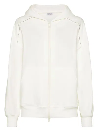 Brunello Cucinelli Women's Lightweight Stretch Cotton Fleece Topwear With Zip, Hood And Shiny Trims In Natural