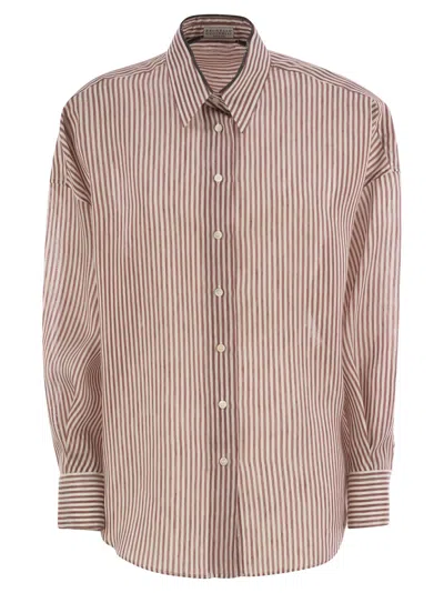 Brunello Cucinelli Women Linen And Silk Striped Organza Shirt With Shiny Collar Detail
