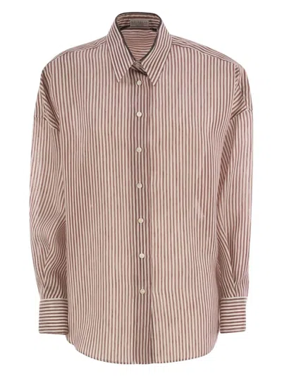 BRUNELLO CUCINELLI WOMEN'S LINEN AND SILK STRIPED ORGANZA SHIRT WITH SHINY COLLAR DETAIL