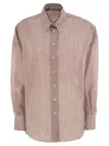 Brunello Cucinelli Women Linen And Silk Striped Organza Shirt With Shiny Collar Detail In Pink