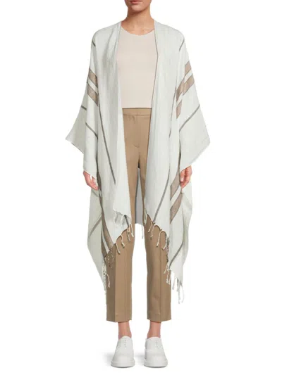 Brunello Cucinelli Women's Linen Blend Ruana Stripe Fringe Ruana In White