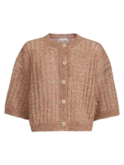 Brunello Cucinelli Women's Linen Dazzling Cable Openwork Cardigan In Brown