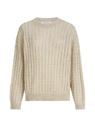 Brunello Cucinelli Women's Linen Dazzling Cable Openwork Sweater In Sand