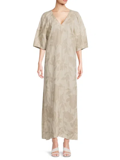 Brunello Cucinelli Women's Linen Floral-pattern Kaftan Dress In Brown