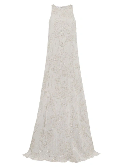 Brunello Cucinelli Women's Linen Gauze Dress With Dazzling Flower Embroidery In Beige