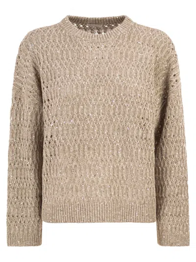 Brunello Cucinelli Women Linen Openwork Crew Neck Jumper With Sequins In Brown