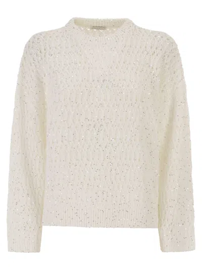 Brunello Cucinelli Women Linen Openwork Crew Neck Jumper With Sequins In Neutral