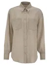 Brunello Cucinelli Beige Shirt With Chest Pockets And Monile Decorations In Linen Woman In Neutral