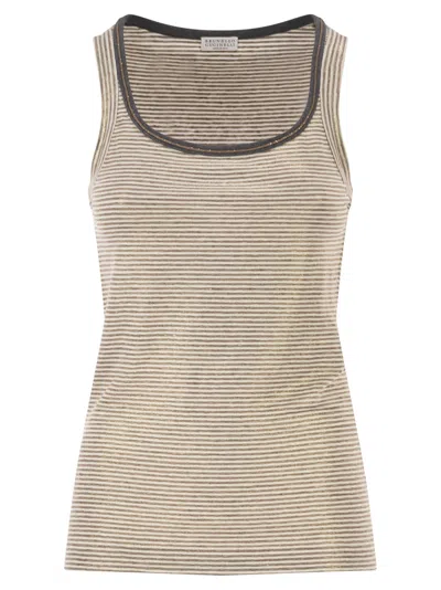 Brunello Cucinelli Women Linen Striped Crew Neck Top With Contrasting Trim And Necklace In Brown