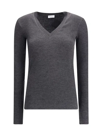 BRUNELLO CUCINELLI BRUNELLO CUCINELLI WOMEN LONG SLEEVE WOOL RIBBED JERSEY T-SHIRT WITH SHINY TRIM