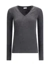 Brunello Cucinelli Women Long Sleeve Wool Ribbed Jersey T-shirt With Shiny Trim In Gray