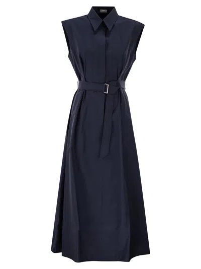 Brunello Cucinelli Women Long Sleeveless Cotton Dress With Belt At The Waist In Blue