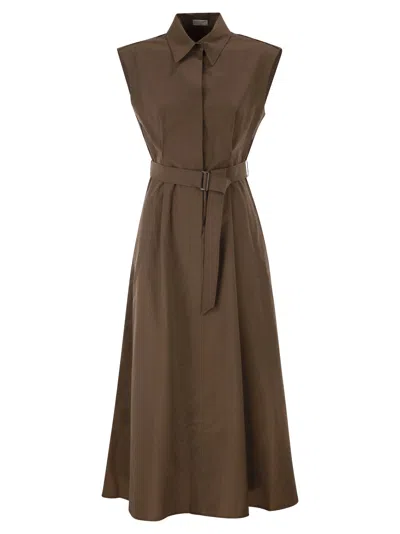 Brunello Cucinelli Women Long Sleeveless Cotton Dress With Belt At The Waist In Brown