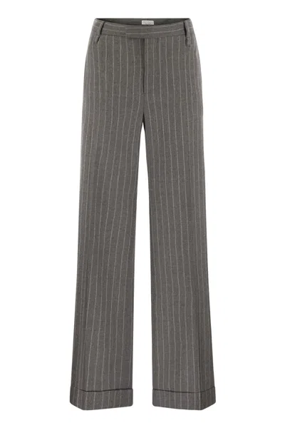 Brunello Cucinelli Loose Flared Trousers In Virgin Wool Mouliné Pinstripe With Beadwork In Grey