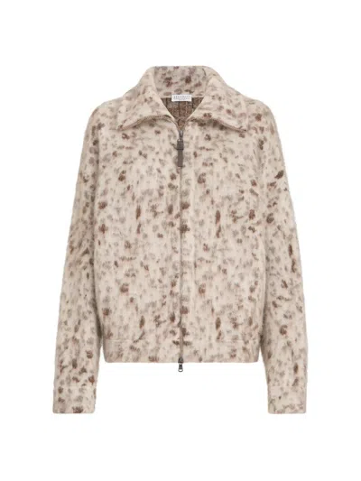 Brunello Cucinelli Lynx Jacquard Cardigan In Mohair And Wool With Shiny Zipper Pull In Brown