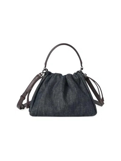 Brunello Cucinelli Mellow Small Bucket Bag In Cotton Denim-effect Twill With Monili In Blue