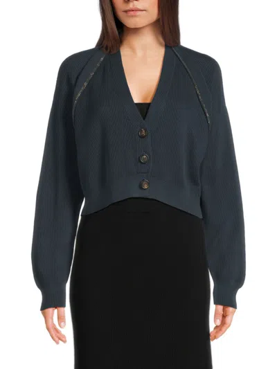 Brunello Cucinelli Women's Metal Bead-trim Cotton Cardigan In Blue