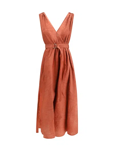 Brunello Cucinelli Women Midi Dress With Floral Motif In Brown
