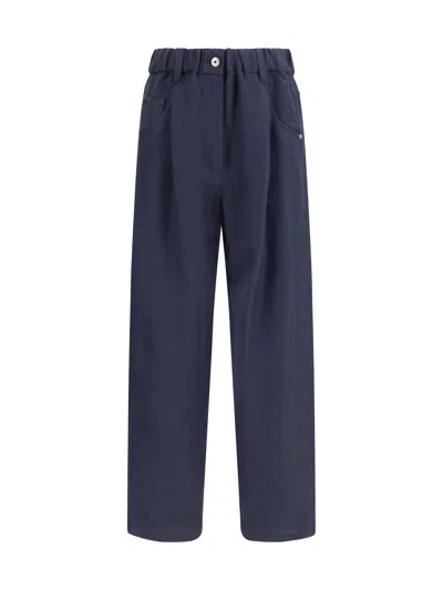 Brunello Cucinelli Women Mixed Linen Pants In Blue