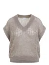 Brunello Cucinelli Openwork Knit Design Vest With Sequins In Neutral