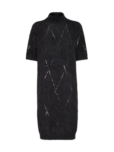 Brunello Cucinelli Sequin Embellished Roll-neck Midi Dress In Dark Grey