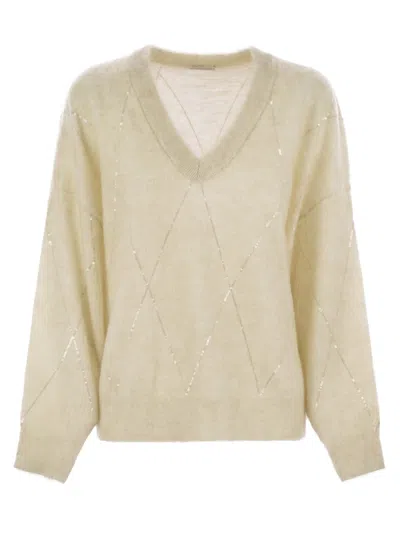 BRUNELLO CUCINELLI BRUNELLO CUCINELLI WOMEN MOHAIR, WOOL, CASHMERE AND SILK SWEATER WITH DAZZLING ARGYLE EMBROIDERY