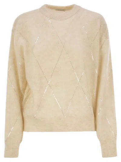 BRUNELLO CUCINELLI BRUNELLO CUCINELLI WOMEN MOHAIR, WOOL, CASHMERE AND SILK SWEATER WITH DAZZLING ARGYLE EMBROIDERY