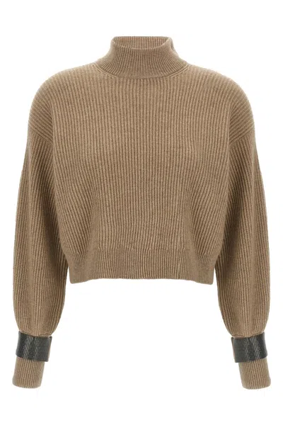 Brunello Cucinelli Women Monile Crop Cuff Sweater In Brown