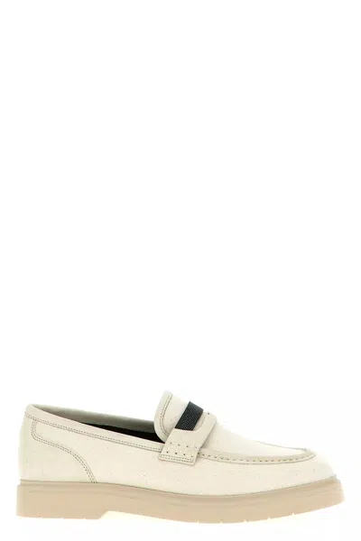 Brunello Cucinelli Leather Monili Penny Loafers In Beige