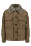 Brunello Cucinelli Quilted Coat With Plush Shearling Collar And Flap Pockets In Brown