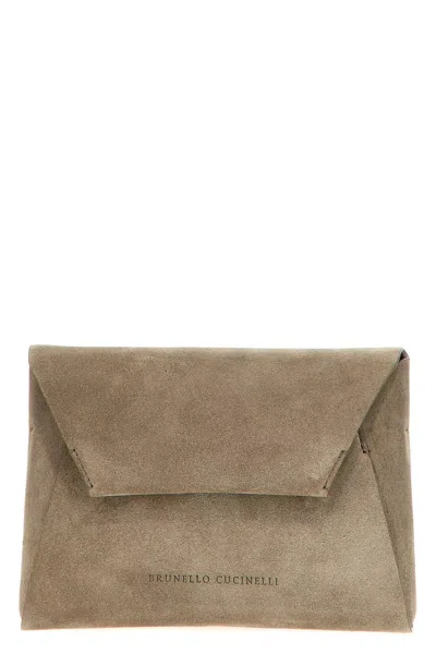 Brunello Cucinelli Women Monile Suede Clutch Bag In Grey