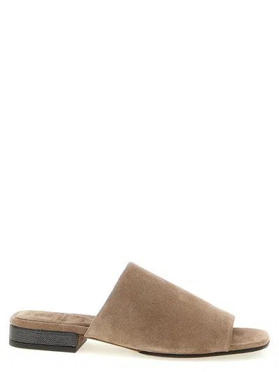Brunello Cucinelli Women Beige Sandals With Monil Detail On The Heel In Suede Woman In Brown