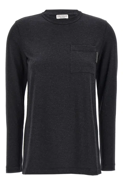 Brunello Cucinelli Grey Crewneck T-shirt With Long Sleeves In Cotton Stretch Woman In Gray