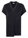 Brunello Cucinelli Black V-neck T-shirt With Monile Detail In Stretch Cotton Woman  In Black