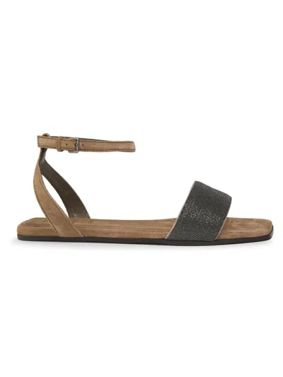 Brunello Cucinelli Women's Monili Strap Suede Flat Sandals In Brown