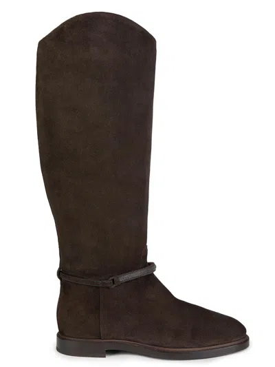 Brunello Cucinelli Monili-chain Suede Boots In Black
