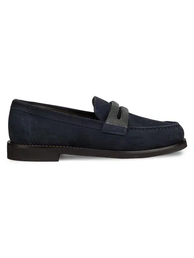 Brunello Cucinelli Women's Monili-detail Suede Loafers In Blue
