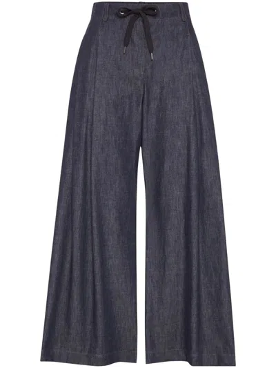 Brunello Cucinelli Women No-fade Denim Wide Pleated Pants With Monili In Dark Denim