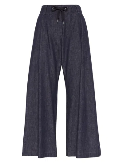 Brunello Cucinelli Women's No Fade Denim Wide Pleated Trousers In Dark Denim