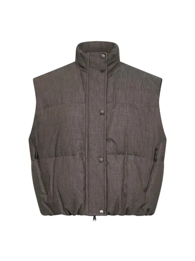 Brunello Cucinelli Women Olive Denim-effect Twill Sleeveless Down Jacket With Monili In Gray